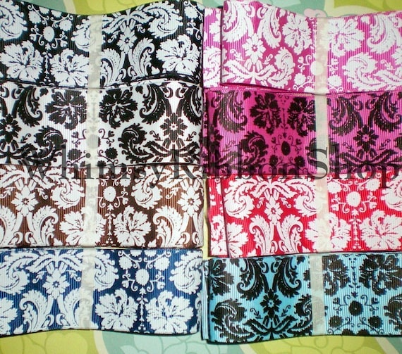 8 Yards SPECIAL Beautiful 1.5 Black White Damask on Brown Black Red Blue Mist Royal Hair Bows SCRAPBOOKING Sewing 1 Yd each GROSGRAIN Ribbon