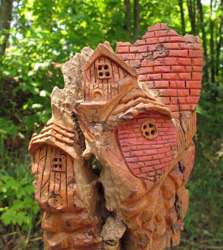 Hand carved Fairy Village Cottonwood Bark - Windy Ridge