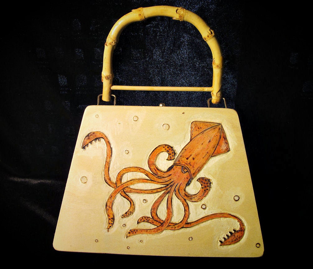 Squid Purse Steampunk Cigar Box Style Wooden Original art Cephalopod