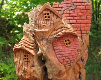 Hand carved Fairy Village Cottonwood Bark - Windy Ridge