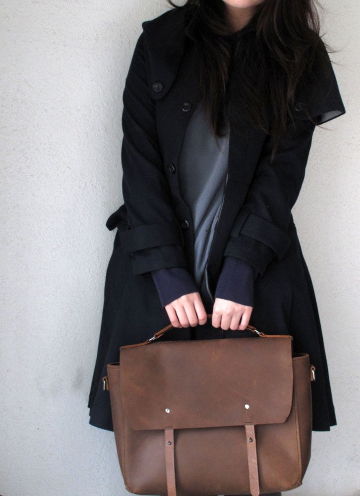 Hand-stitched Matte BROWN Leather Satchel Bag (original size)