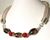 Silver wire Viking knit necklace smoky quartz carnelian