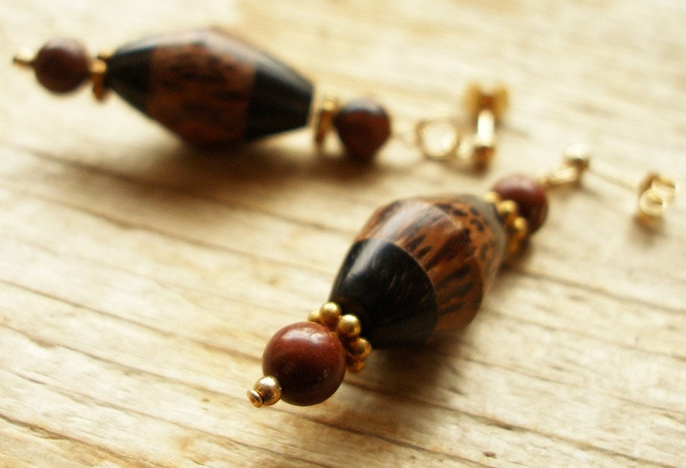 Palmetto Wood Earrings with Mahogany Obsidian Accents
