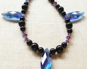 Black Beaded Necklace with Sapphire Blue Marquise Beads