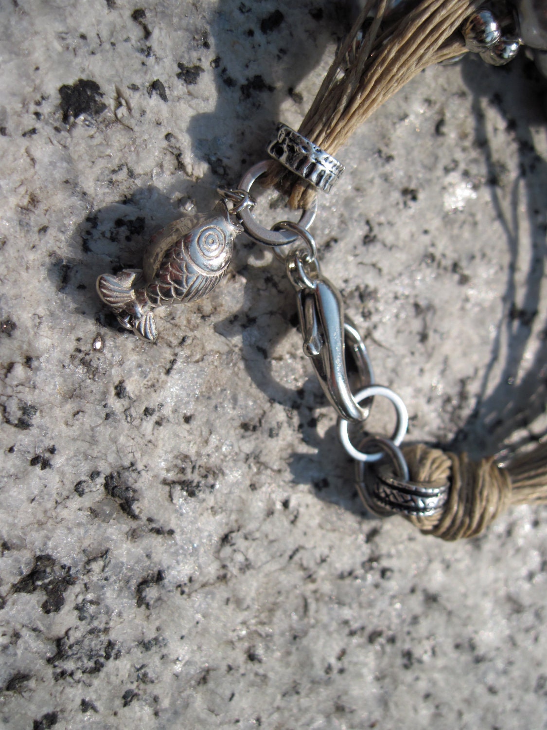 String bracelet silver and grey beads fiber jewelry