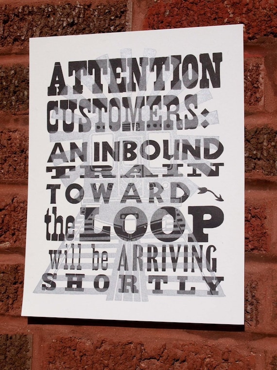 Chicago El Inbound Train Letterpress Print BLACK SILVER