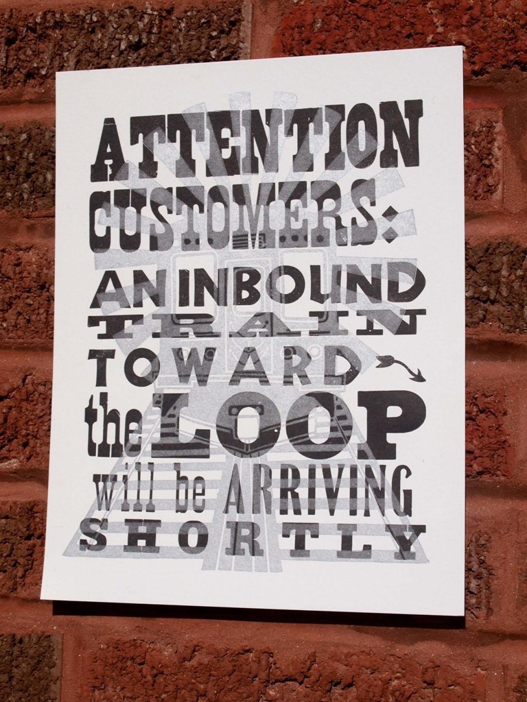 Chicago El Inbound Train Letterpress Print BLACK SILVER