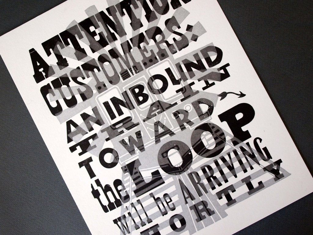 Chicago El Inbound Train Letterpress Print BLACK SILVER