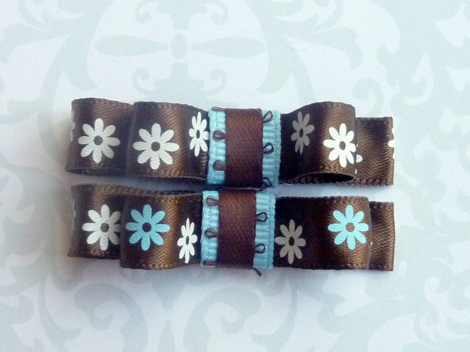 BUY 4 GET 1 FREE - DAISY DAISY (Blue n Brown) - Set of 2 Boutique Style Hair Bow Clips