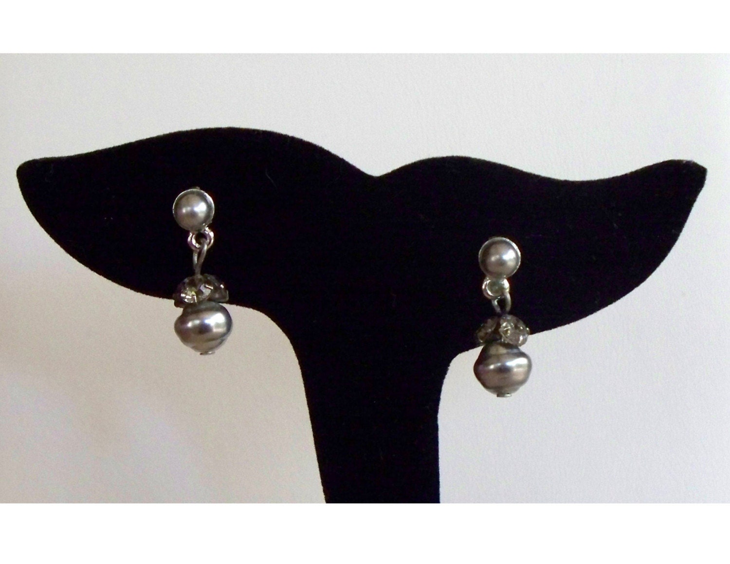 Vintage Gray Freshwater Pearl and Crystal Drop Earrings