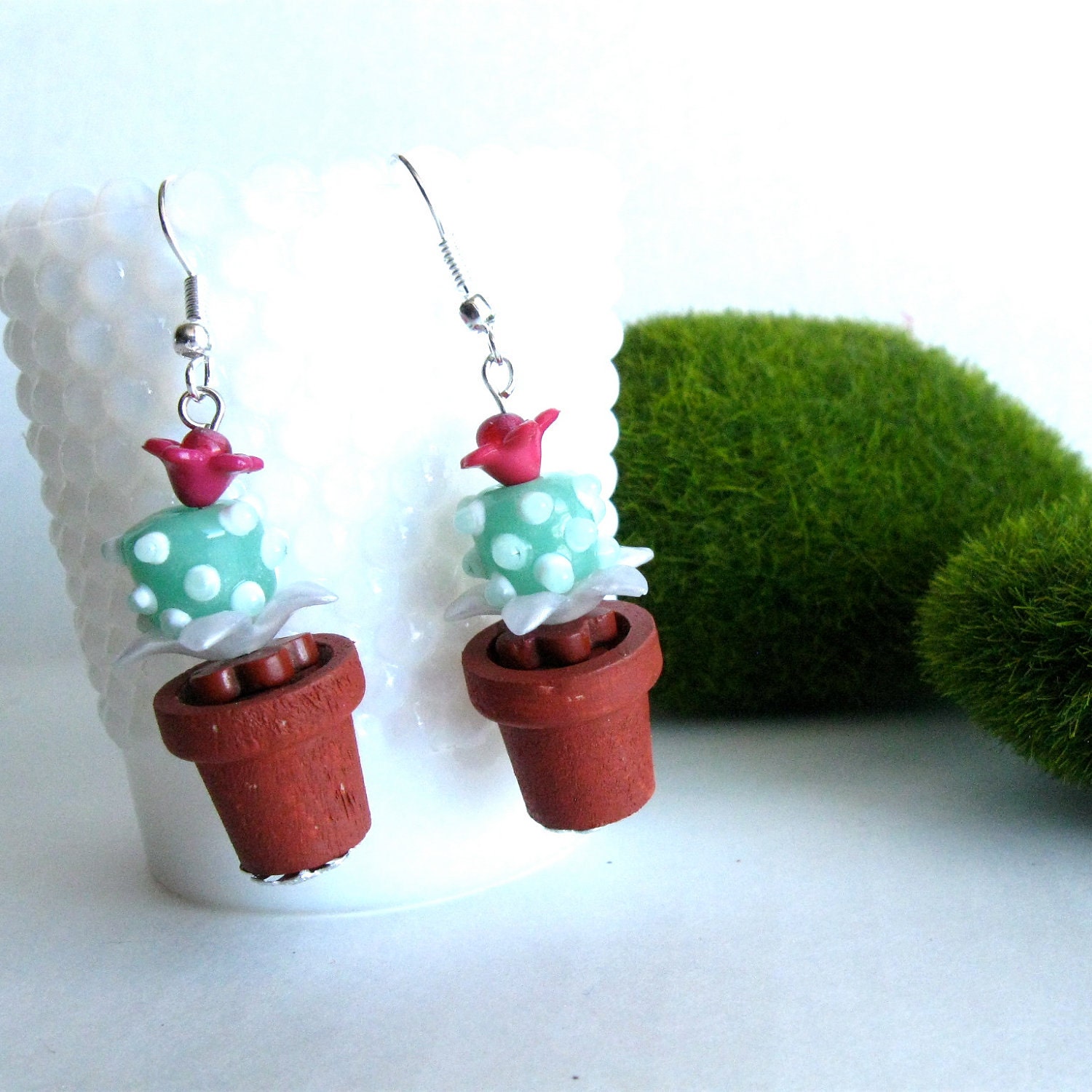 Cactus earrings, potted succulent, terracotta and cacti