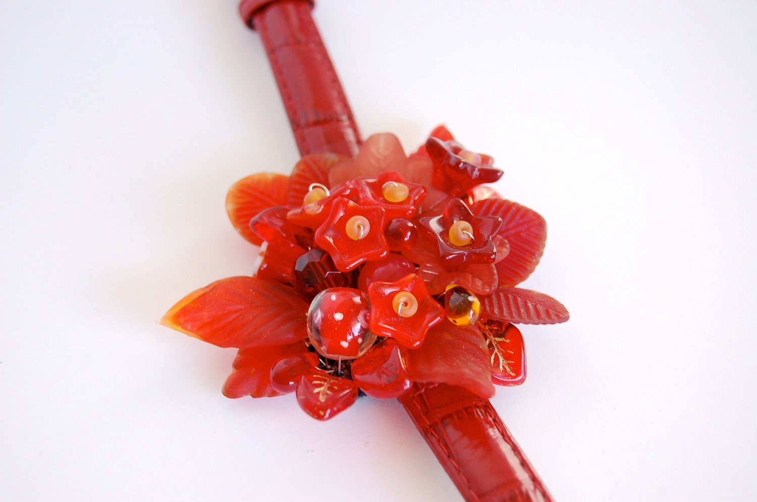 Red bracelet, red wristlet, flower bracelet, vintage watchband with glass flower beads, red bouquet of flowers