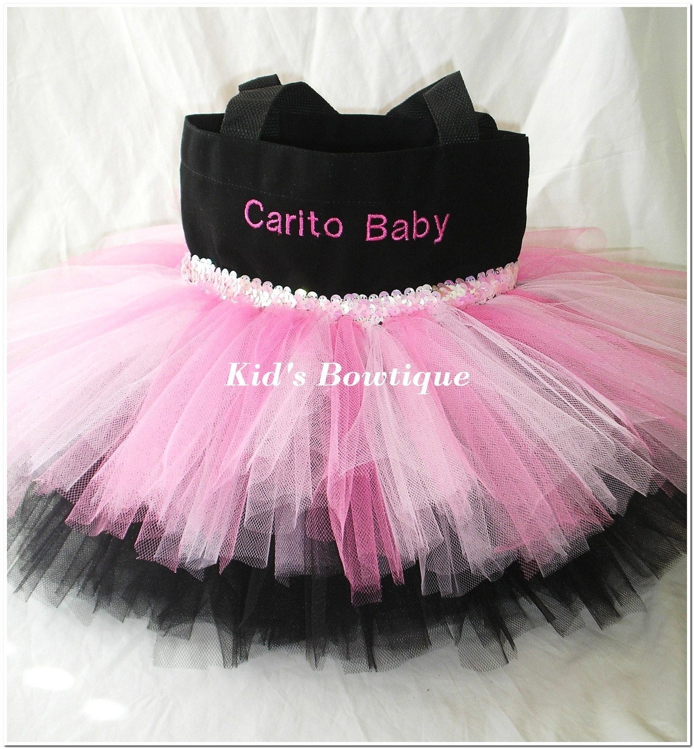 Monogrammed Black with Pink Sequin Trim Tutu Tote Bag - Personalized Tutu Bag