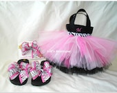 Monogrammed 3 Piece Set Zebra Mini Tutu Bag,  Bow Flip Flops, and Hair Bow