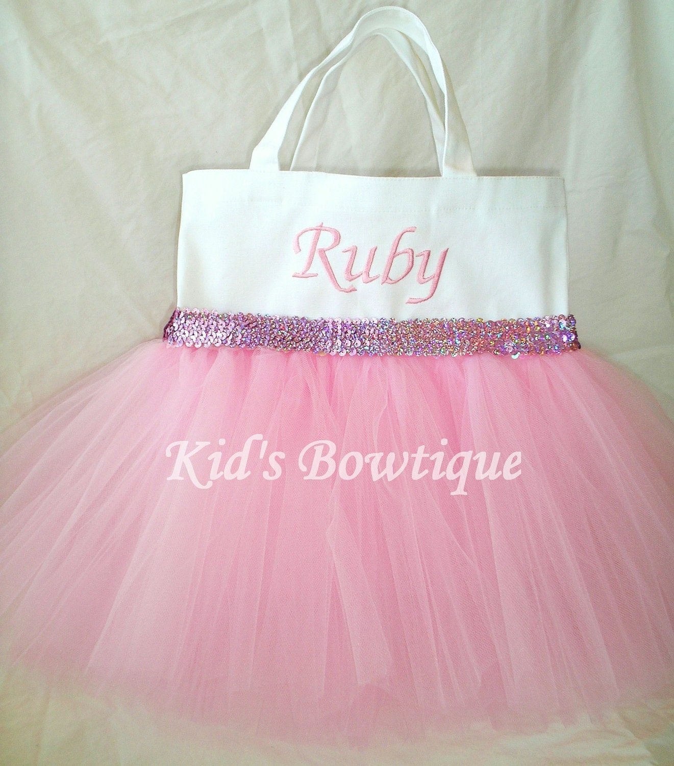Monogrammed Pink Tutu Tote Bag with Pink/Lavender Sequins Trim