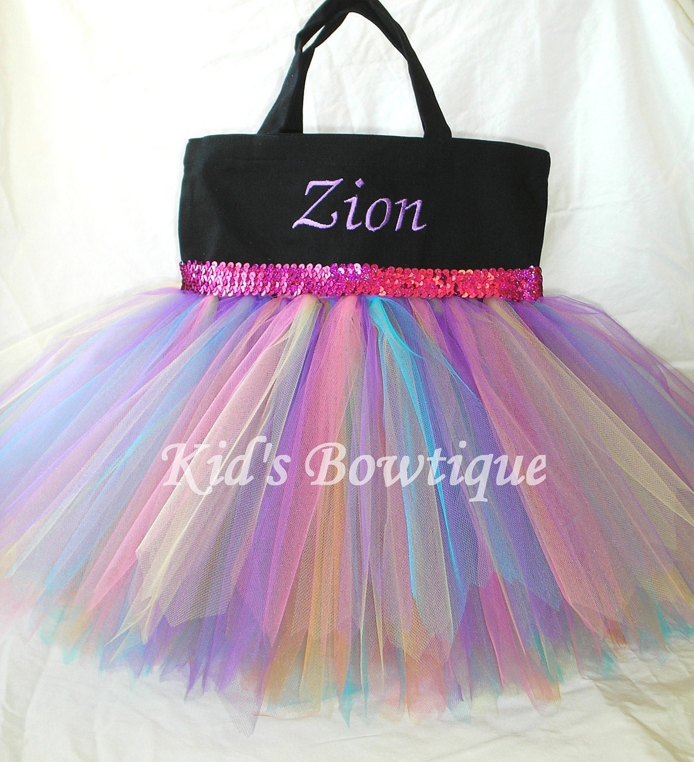 Black Canvas Rainbow Fairy Sequins Monogrammed Tutu Tote Bag - Personalized Tutu Bag