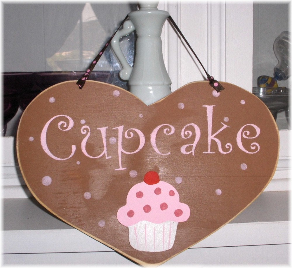 Shabby Cottage Heart Brown Wood Cupcake Sign Custom Sign