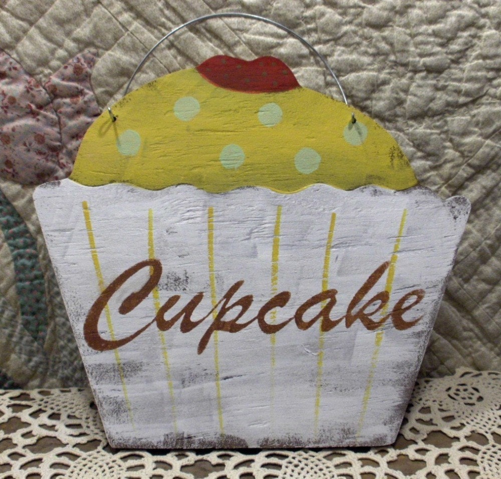 Cupcake Shabby Cottage Yellow Wood Sign Custom Kitchen Kids Room Birthday Photo Prop