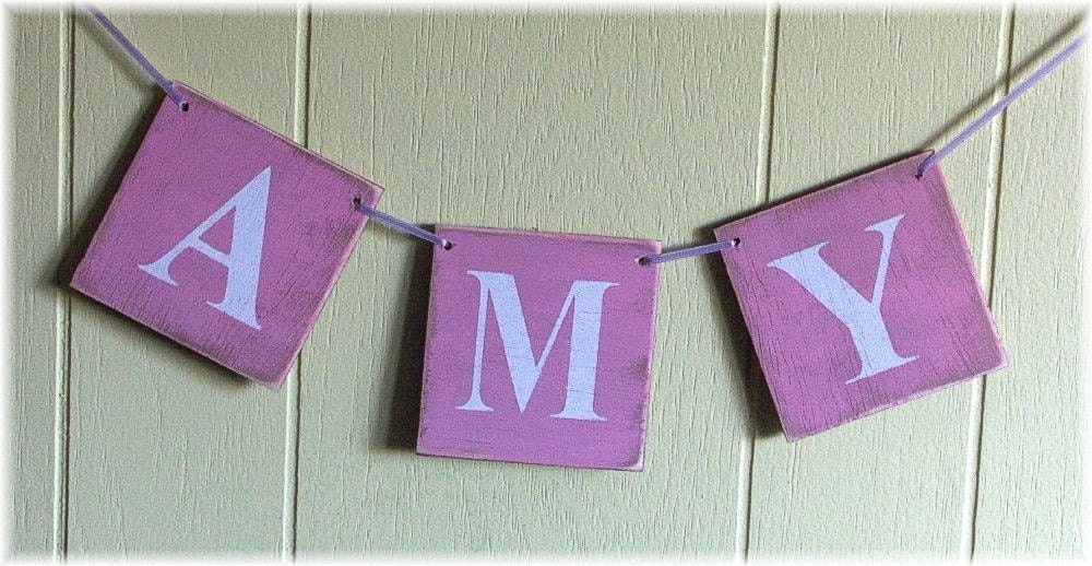 Personalized Name Phrase Banner Garland Shabby Chic Wedding Birthday  Business  4 x 4 Wood Tiles Custom Sign