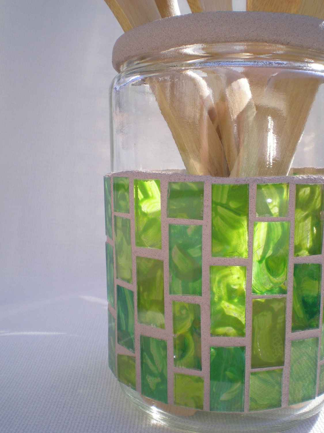 Mosaic Kitchen Canister Hand Painted Salvaged Glass Unique Gift Green Lime and Olive with Brown grout