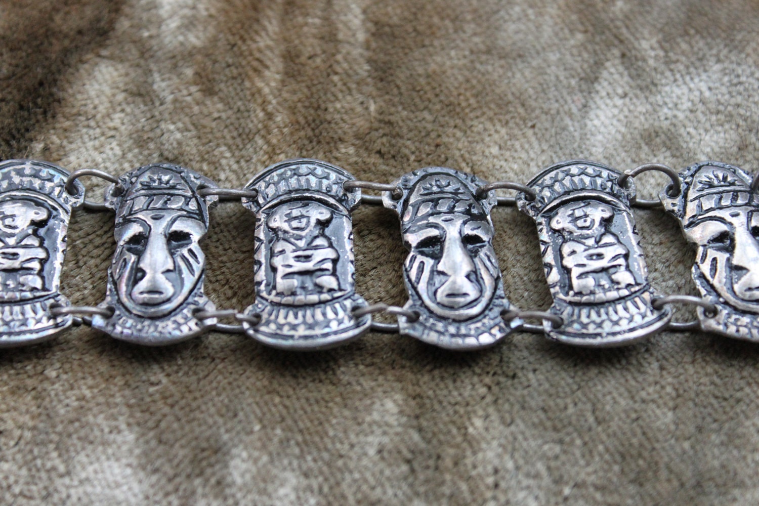 Antique Silver Aztec Mayan Tribal Panel Bracelet