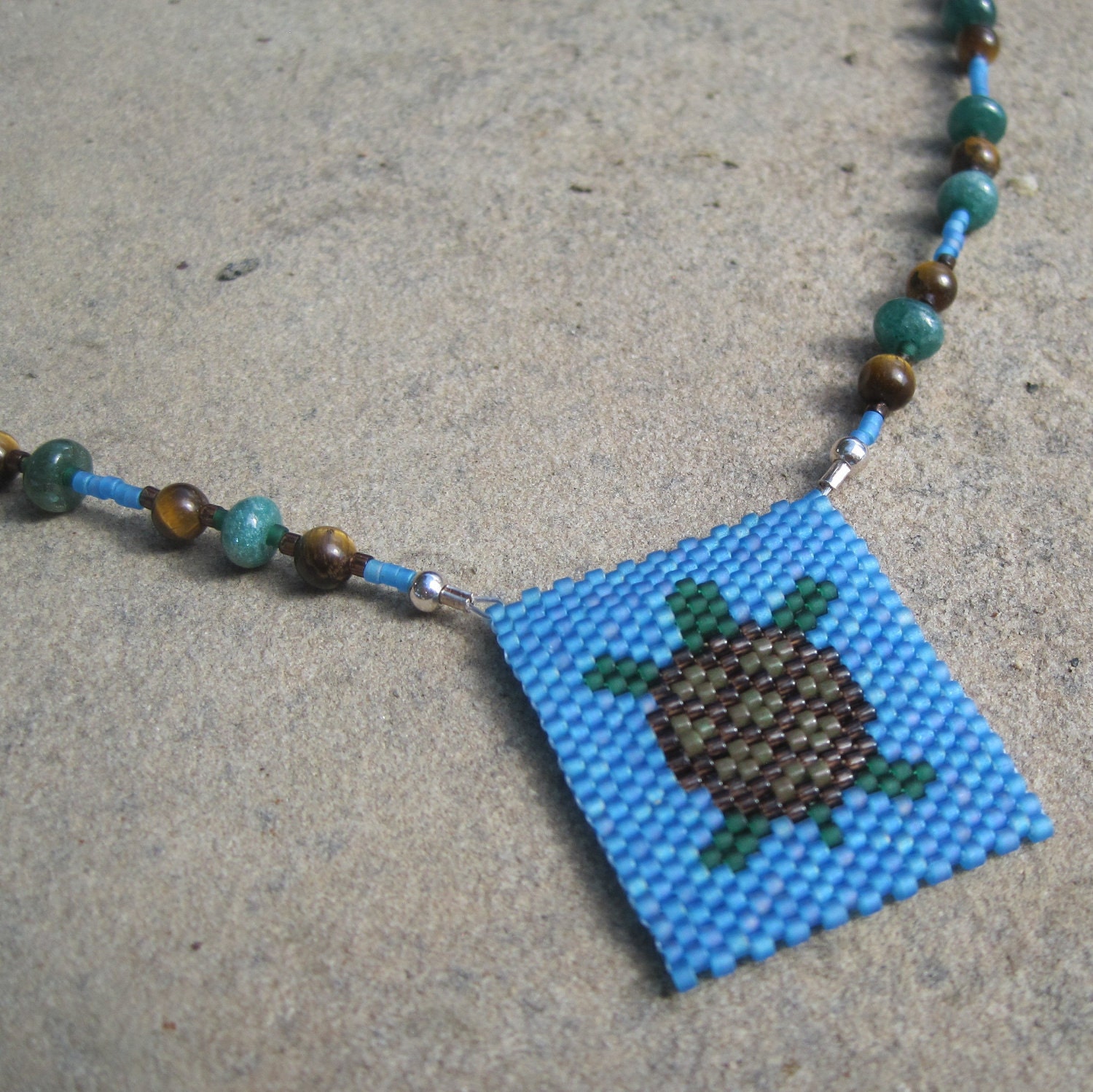 Turtle peyote stitch necklace with delica seed beads aventurine and tiger eye