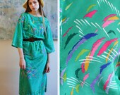 60s TROPICAL Resort Dress Turquoise  / Victor Costa / Size S-M