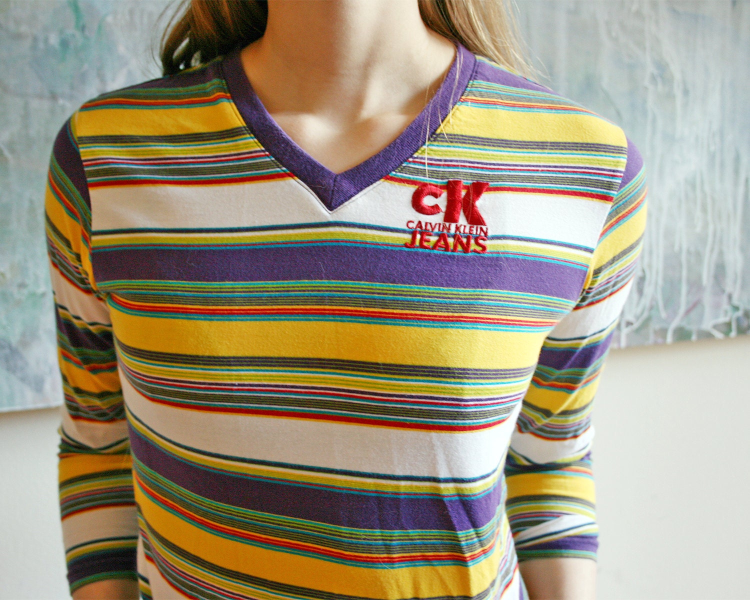 90s Calvin Klein Multicolor Striped Shirt // Size XS-S