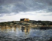 Hudson River Reproduction-House Reflected in Sunset Over Water-Realistic Watercolor 8x10