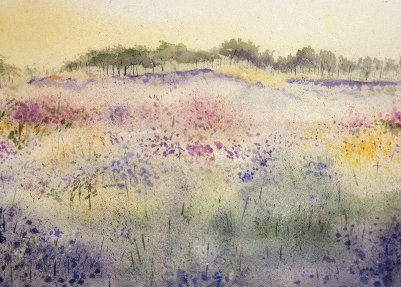 Wildflowers Watercolor Reproduction-Pastel Color Spring Meadow- Impressionistic Landscape-8x10