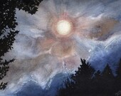 Full Moon Watercolor Reproduction Print- Blue Black Night Sky-Realistic Landscape- 8x10