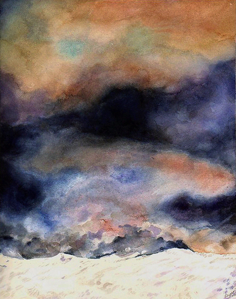 Turquoise Clouds Reproduction Print- Blue White Stormy Sky Over Mountains- Watercolor Landscape- 8x10