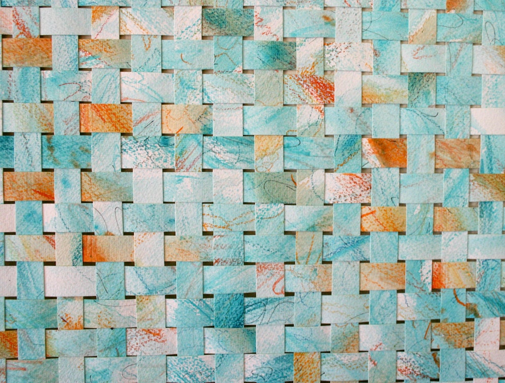 Turquoise Paper Weaving- Tangerine Blue Mint Abstract-Woven Art- Contemporary- Wedding Trend
