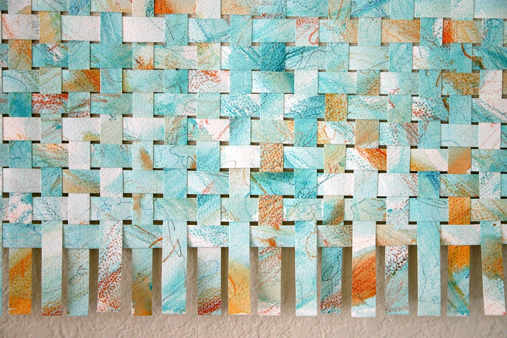 Turquoise Paper Weaving- Tangerine Blue Mint Abstract-Woven Art- Contemporary- Wedding Trend