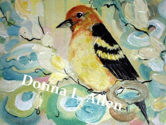 Original Western Tanager and Florals Expressionism  12 x 12 Acrylic and Impasto Painting