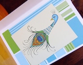 Blank Note Cards - Set of 4 - Poise Peacock with Hues of Blue Turquoise and Green