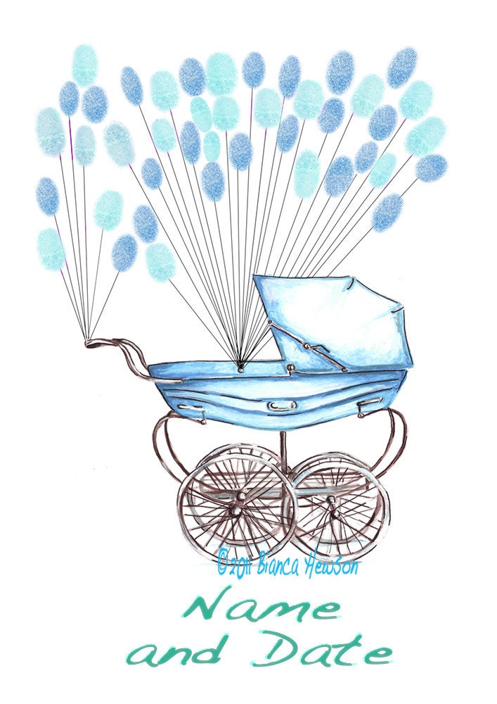 Small Fingerprint Guest book, Baby Shower  baby carriage pram with balloons 2 colors, Custom Order