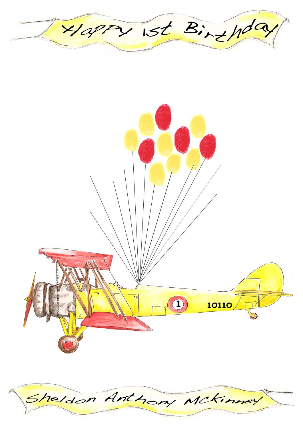 Medium Airplane Fingerprint Guest book, Biplane with balloons 2 colors, Custom Order