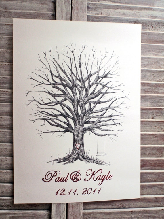 Medium Fingerprint Tree Wedding Guest book, Hand Drawn in ink, includes 2 ink pads and pen