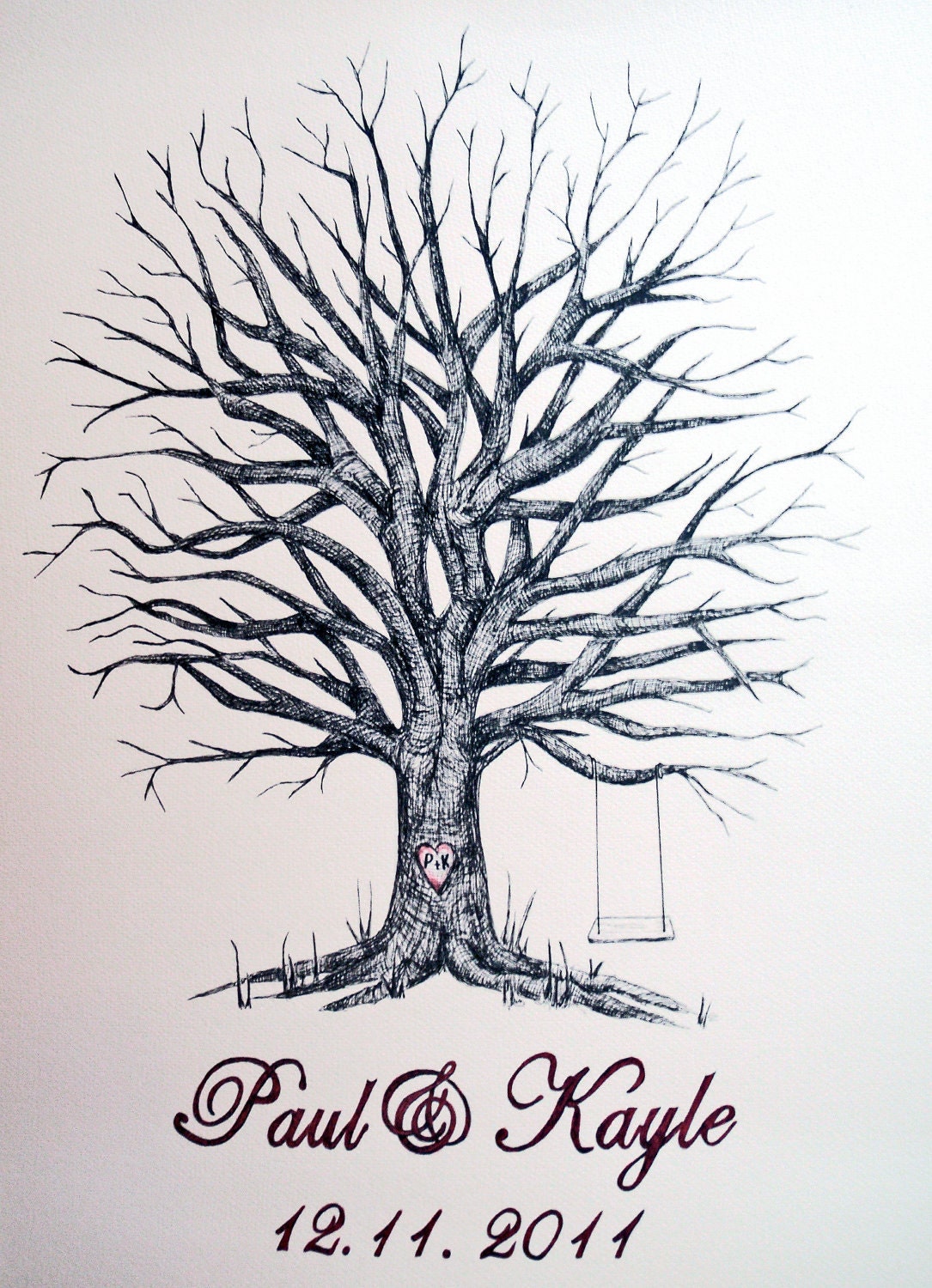 Medium Fingerprint Tree Wedding Guest book, Hand Drawn in ink, includes 2 ink pads and pen