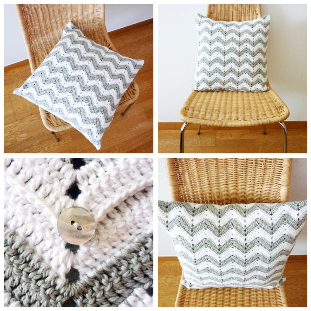 Chevron Pattern Crochet Pillow Gray White