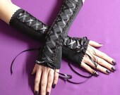 Classic Laced Up Gloves, Black Armwarmers Gothic Harajuku,Noir, Dance, Fusion, Fingerless, Lolita, Corset, J Rock, Neo Victorian Gauntlets