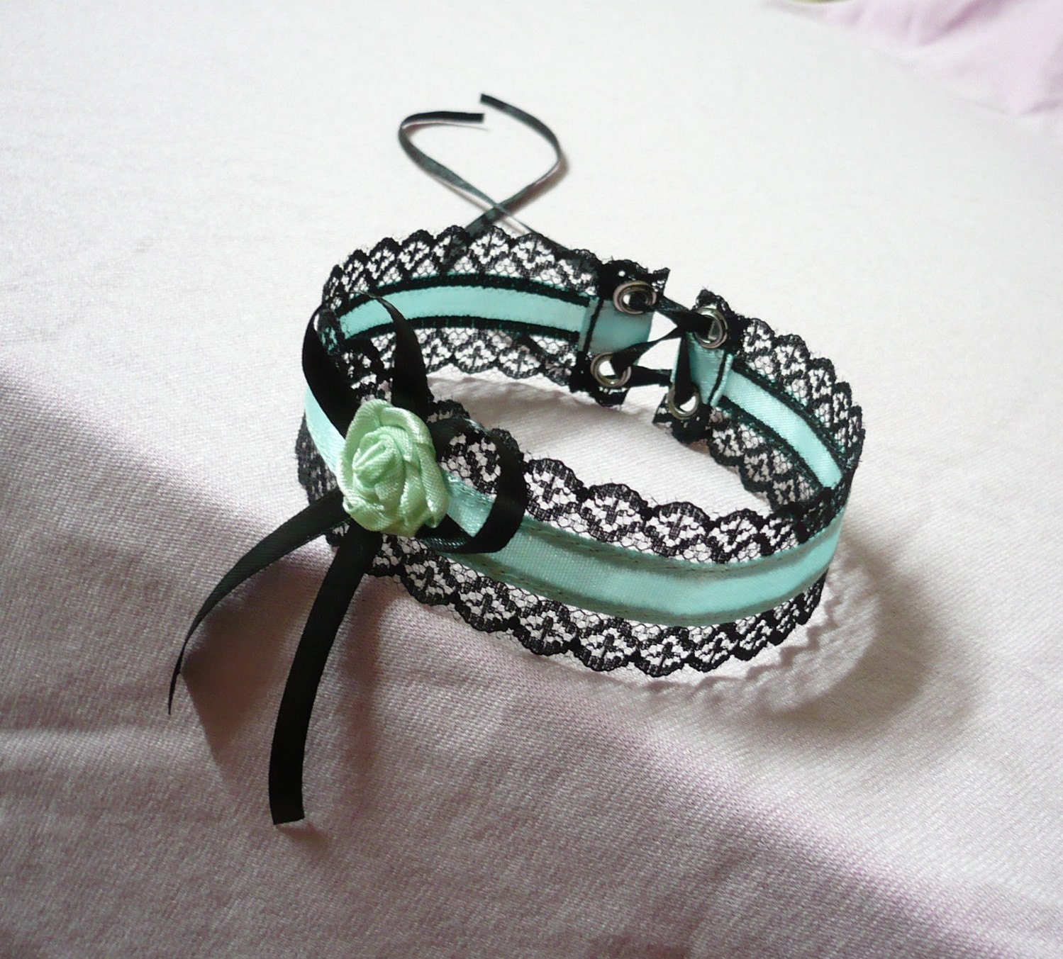 Elegant Textile Choker in Black and Mint, Gothic and Renaissance Lace Satin Necklace with Rose, Feminine,Pale Green, Regency, Baroque