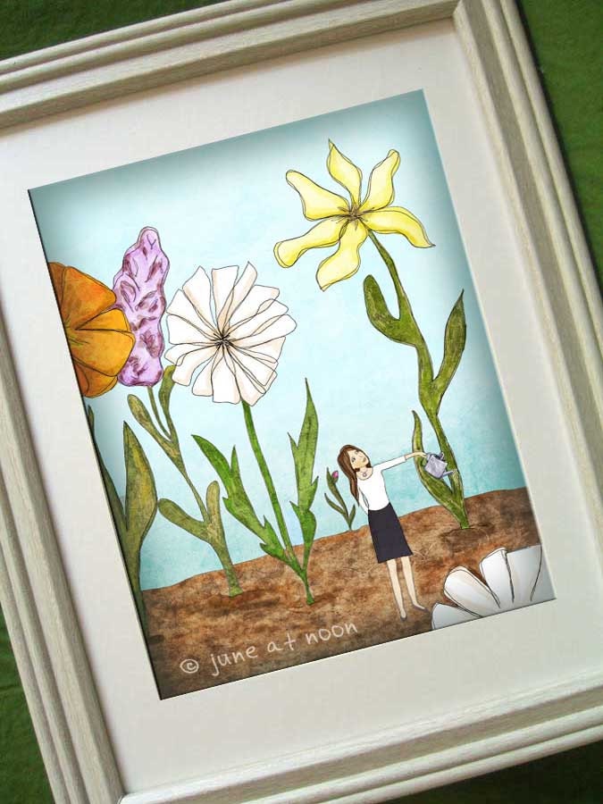 Cultivate, 8 x 10 illustration print, growing flowers, gardening, watering can