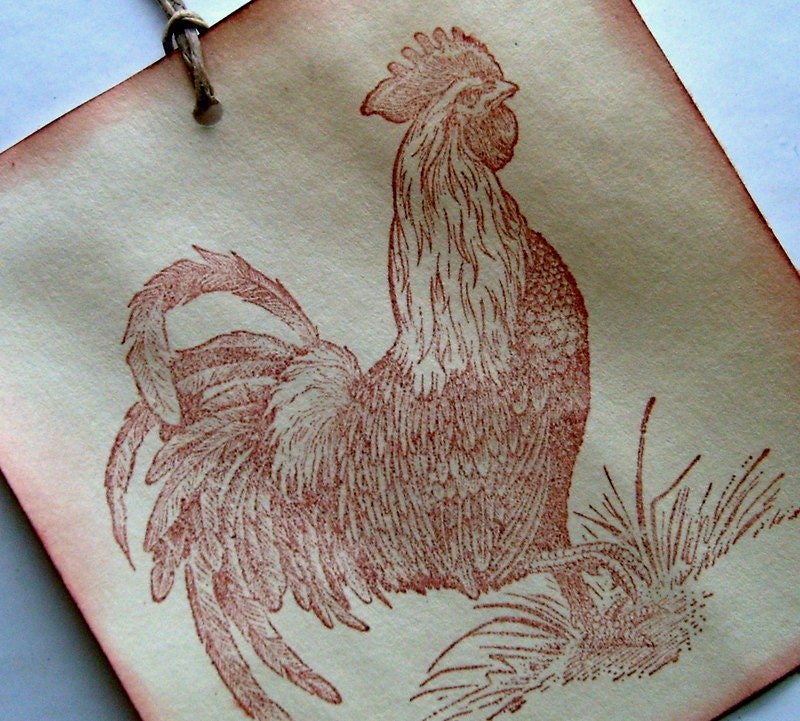 Rooster favor tags, thank you, vintage, coffee stained, rustic set 10