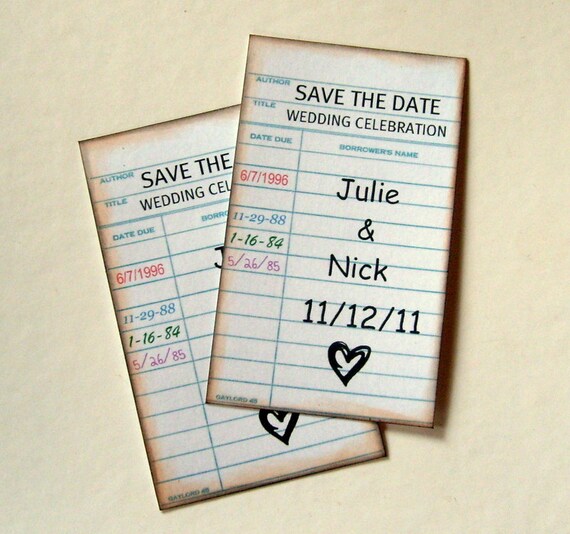 Library card Save The Date, vintage rustic, custom, set 12