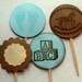 vintage cupcake toppers, baby shower, boy, brown and blue rustic, set of 16