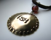 ISH - Brass Stamped Necklace with Dark Brown Chocolate Cord - Agate