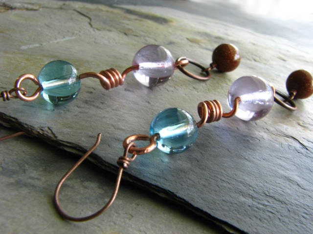 Copper, Goldstone and Blue Czech Glass Dangle Earrings - Wire Wrapped
