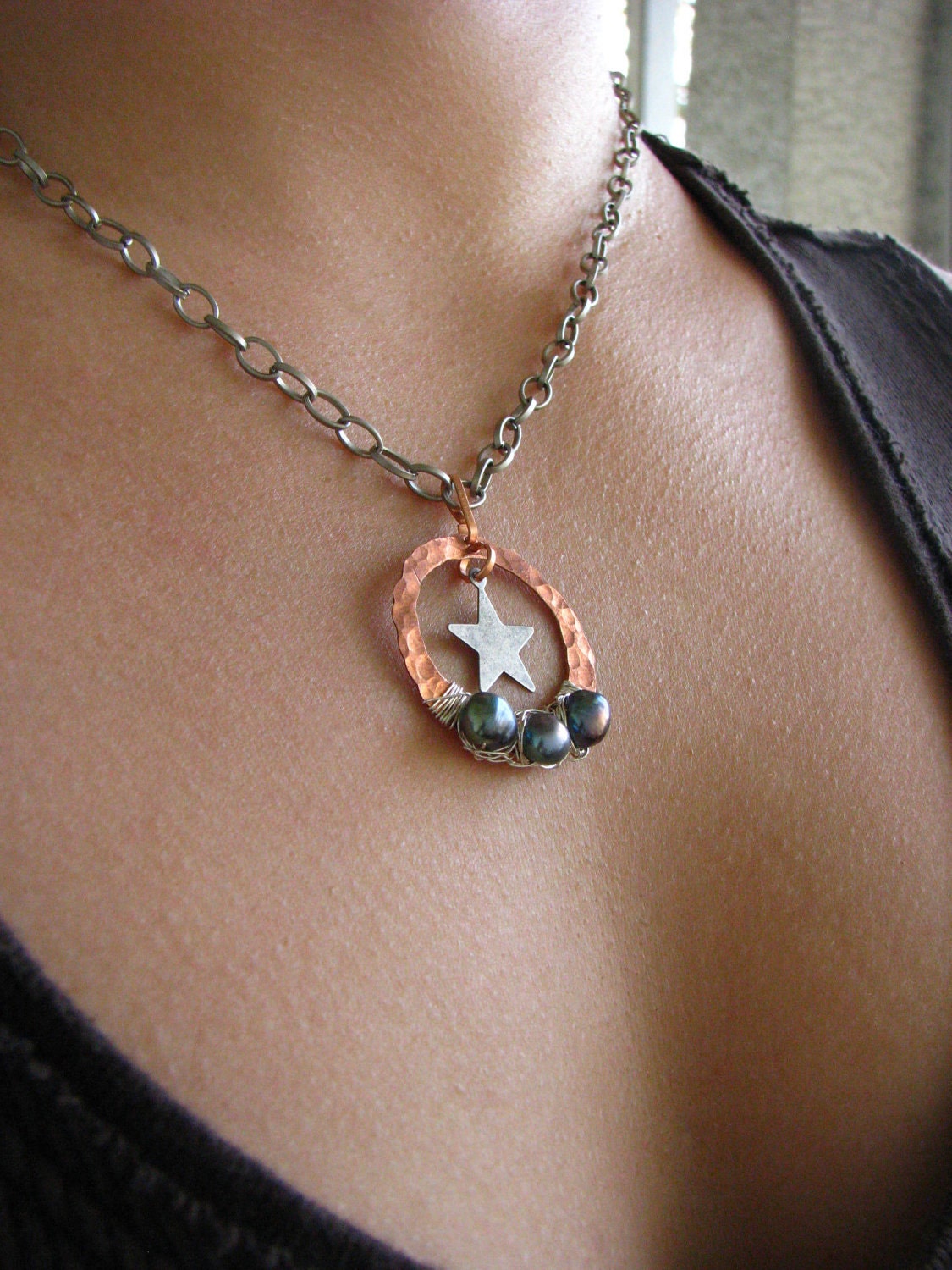 Copper Ring and Star Pendant Necklace with Peacock Pearls